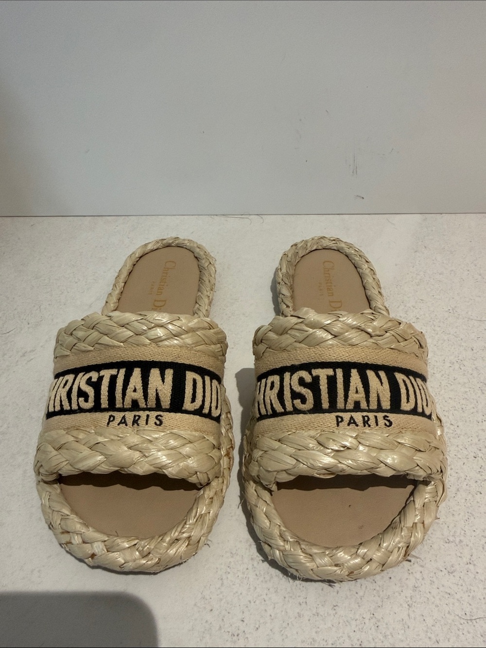 Dior Beige Braided Logo Slide Sandals with Black Band